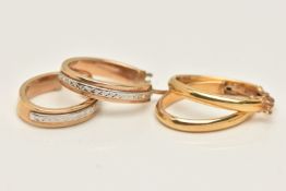 TWO PAIRS OF YELLOW METAL HOOP EARRINGS, the first a pair of yellow metal oval hoops with lever