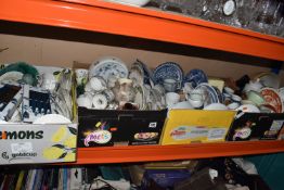 FIVE BOXES AND LOOSE CERAMICS, to include various style tea ware, plates, covered pots,