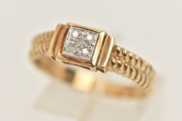 A 9CT GOLD GEM SET RING, a cluster of five single cut diamonds, prong set in a white gold square
