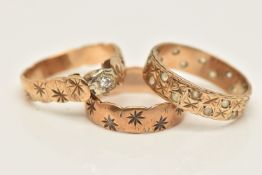 THREE 9CT GOLD RINGS, to include a band ring with etch star pattern and scalloped edges, together
