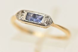 AN EARLY 20TH CENTURY GEM SET RING, two square cut sapphires lust set in white metal with milgrain