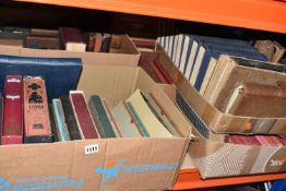 FIVE BOXES OF BOOKS containing over 150 miscellaneous titles in hardback format, many antiquarian,