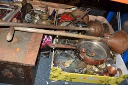 THREE BOXES AND LOOSE METALWARE, to include copper lined pans, a fireside coal box, a brass oil