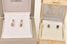 TWO PAIRS OF EARRINGS, the first a pair of yellow metal half hoop earrings, set with circular cut