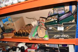 TWO BOXES AND LOOSE VINTAGE PUZZLES AND CRAFT RELATED ITEMS, to include wooden puzzles, match