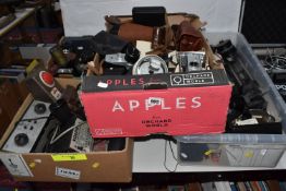 FOUR BOXES OF PHOTOGRAPHIC EQUIPMENT, to include Olympus Zuiko f2.8 28mm and f5 100-200mm lenses (