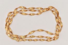 A YELLOW METAL TWIST CHAIN NECKLACE, fitted with a lobster clasp, stamped 750 Italian control marks,