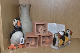 A GROUP OF STUDIO POTTERY, comprising a figure of a Puffin by Chloe Harford, height 16.5cm, a puffin