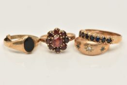 FOUR 9CT GOLD RINGS, to include a sapphire set band ring, a garnet set cluster ring, a sapphire