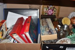 TWO BOXES AND LOOSE MISCELLANEOUS SUNDRIES, to include glassware, ceramics, seven folders of various