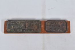 A WOODEN PLINTH WITH TWO METAL CAST PLATES ATTACHED, Wagon Limbered GS (General Service) AM Co II/