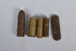 FIVE WW1 ERA TRENCH LIGHTERS IN BRASS, two are marked Parr Mfg Co, 1 is marked Kaschie, 1 flat type