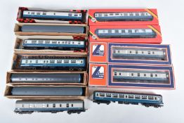 A QUANTITY OF BOXED & UNBOXED OO GAUGE COACHING STOCK IN B.R. INTERCITY BLUE & GREY LIVERY, assorted