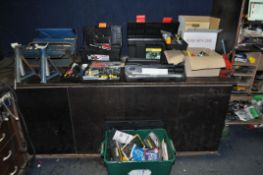 SIX BOXES OF TOOLS including a Powerfix Torque wrench, a pair of axle stands, a jack, a socket