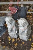 A PAIR OF MODERN CONCRETE CHINESE DOGS OF FOO, on a plinth base, width 21cm x depth 35cm x height
