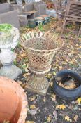 A MID 20th CENTURY CAST IRON URN with pierced basket weave effect bowl and fluted base height