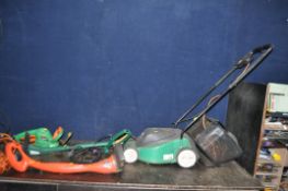A PERFORMANCE POWER ELECTRIC LAWN MOWER with grassbox, a Flymo strimmer, another strimmer and a