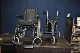 AN INVACARE ACTION 2 NG FOLDING WHEELCHAIR with two footrests and cushion along with a rollator (2)