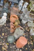 A SELECTION OF TERRACOTTA ITEMS, to include a large urn with twin hooped handles, diameter 35cm x