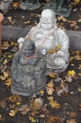 A CONCRETE GARDEN FIGURE OF A LAUGHING BUDDHA, height 45cm, along with a similar garden figure,