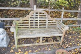 A WEATHERED TEAK LUTYENS BENCH, length 166cm x depth 57cm x height 104cm, condition report: no