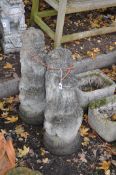 A PAIR OF WEATHERED CONCRETE GARDEN UPRIGHT LIONS, with a crown holding a shield, height 69cm,