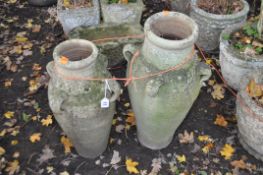 TWO GRADUATED TERRACOTTA URNS, with hooped handles, diameter 28cm x height 58cm, condition report: