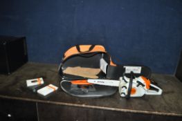 A STIHL MS151C PETROL CHAINSAW IN STIHL BAG with 11in cut, blade guard, spare blades and tools