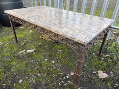 A FRENCH STYLE VEINED MARLE TOP GARDEN COFFEE TABLE, on a wrought iron base, length 111cm x depth