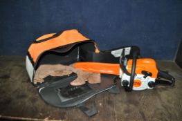 A STIHL MS170 PETROL CHAINSAW IN STIHL BAG with 10in cut and blade guard, condition report: engine
