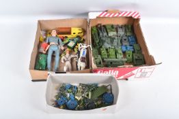 TWO SMALL BOXES OF ACTION FIGURES, PLASTIC VEHICLES, ETC, including an Evil Knievel Gyro powered