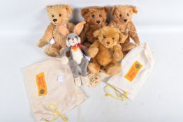 FIVE UNBOXED STEIFF TEDDY BEARS, to include a Danbury Mint 2003 bear, 660931, yellow tag, swing
