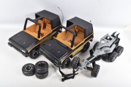 TWO LARGE SCALE TONKA TOYS 4 X 4 CARS, with a modern Tonka Toys 'Masher' Road Grader, both 4 x 4