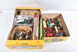 AN ASSORTMENT OF DIECAST, PLASTIC FIGURES, AND RAILWAY RELATED ACCESSORIES, to include a vintage