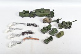 A QUANTITY OF UNBOXED ASSORTED PLAYWORN MAINLY DINKY TOYS MILITARY VEHICLES, to include Dinky