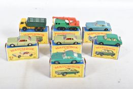 SEVEN BOXED MATCHBOX SERIES MODEL DIECAST VEHICLES, the first a Dodge Stake Truck, no 4 D, yellow