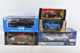 FIVE BOXED DIECAST MODEL VEHICLES, to include three 1:18 scale models, a Bburago 1928 Mercedes