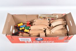 A QUANTITY OF UNBOXED ASSORTED BRIO WOODEN RAILWAY ITEMS, assorted rolling stock, track, bridge,