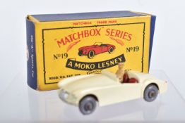 A BOXED MOKO LESNEY MATCHBOX SERIES M.G.A. SPORTS CAR, No.19, off white body, red seats, tan driver,