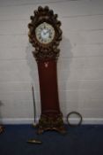 AN EARLY 20TH CENTURY PAINTED FRENCH LONGCASE CLOCK, with gilt foliate details, the hood enclosing a
