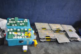 TWO BOXES CONTAINING SEALED BOXES OF SCREWS (see pics for sizes) along with twelve plastic