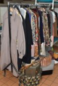 A QUANTITY OF LADIES CLOTHES AND ACCESSORIES, to include many vintage ladies clothes, a tan 100%