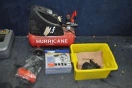 A HURRICANE AIR COMPRESSOR with a tyre inflater, a spray gun and a Powercraft shot blaster (PAT fail