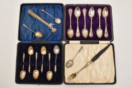 AN ASSORTMENT OF SILVER ITEMS, to include a cased set of six thread pattern teaspoons, hallmarked