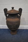 A 19TH CENTURY NEO CLASSICAL CAST IRON 'SOSIBOS' KRATER URN, with twin swan head handles, a