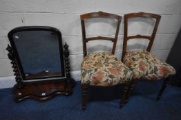 A VICTORIAN MAHOGANY BARLEY TWIST SWING MIRROR, along with a pair of Edwardian walnut and inlaid