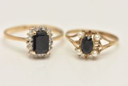 TWO GEM SET RINGS, the first a rectangular cut deep blue sapphire and a single cut diamond