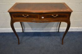 A REPRODUCTION FRENCH WALNUT CONSOLE TABLE, with a serpentine front, fitted with two frieze drawers,