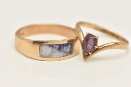 TWO RINGS, the first an AF 9ct gold blue john inlay ring, (blue john is damaged and requires some