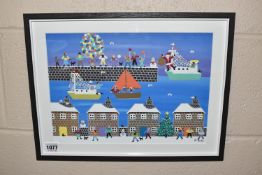 GORDON BARKER (BRITISH CONTEMPORARY) 'HERE COMES SANTA', a naive Christmas scene depicting Santa